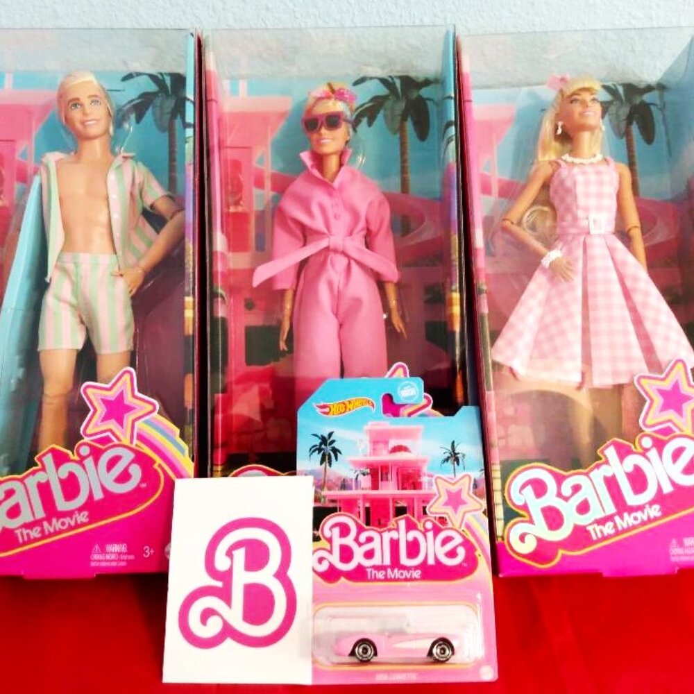 BARBIE : BARBIE THE MOVIE : 2 BARBIES, KEN, HOT WHEELS & STICKER - BELOW RETAIL